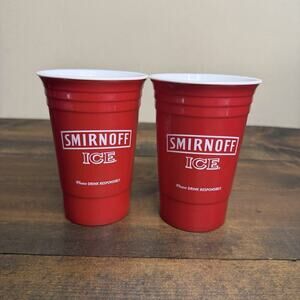 Lot Of 2 Smirnoff ICE Red Hard Plastic Reusable Solo Style Cup Cheers Pinstripes